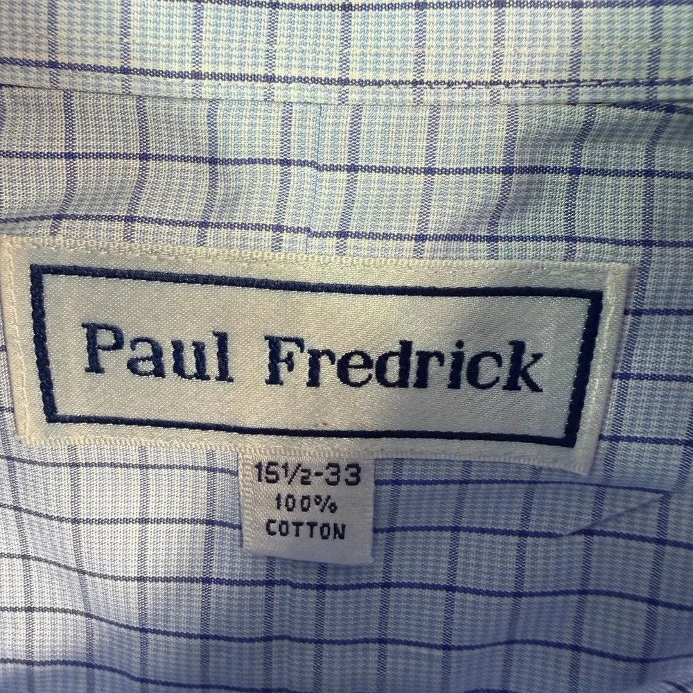 Paul Fredrick Button Down Shirt Mens 15.5 33 Blue Grid Check Long Sleeve Cotton